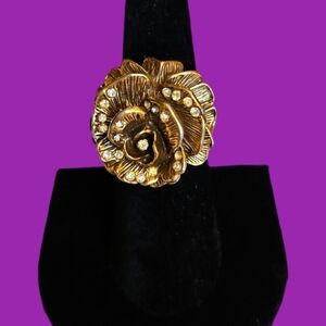 Vintage Crystal Rose Adjustable Statement Ring